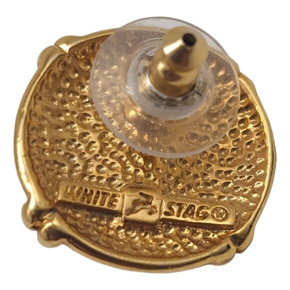 Vintage White Stag Blue Cabochon Nautical Pierced Earrings Gold Tone Studs - Picture 8 of 8